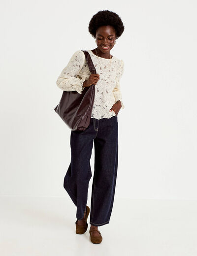 Blouse droite col v en dentelle ecru femme