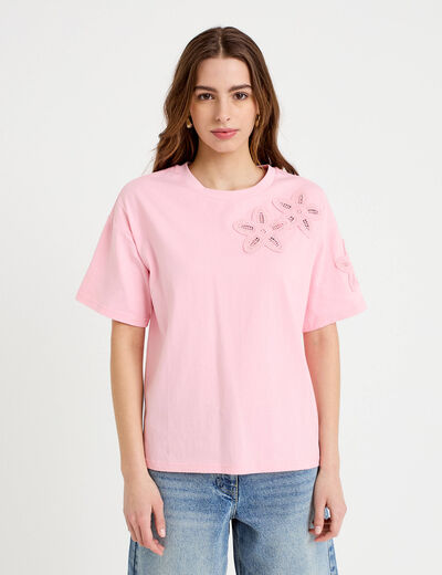 T-shirt col rond manches courtes rose corail femme