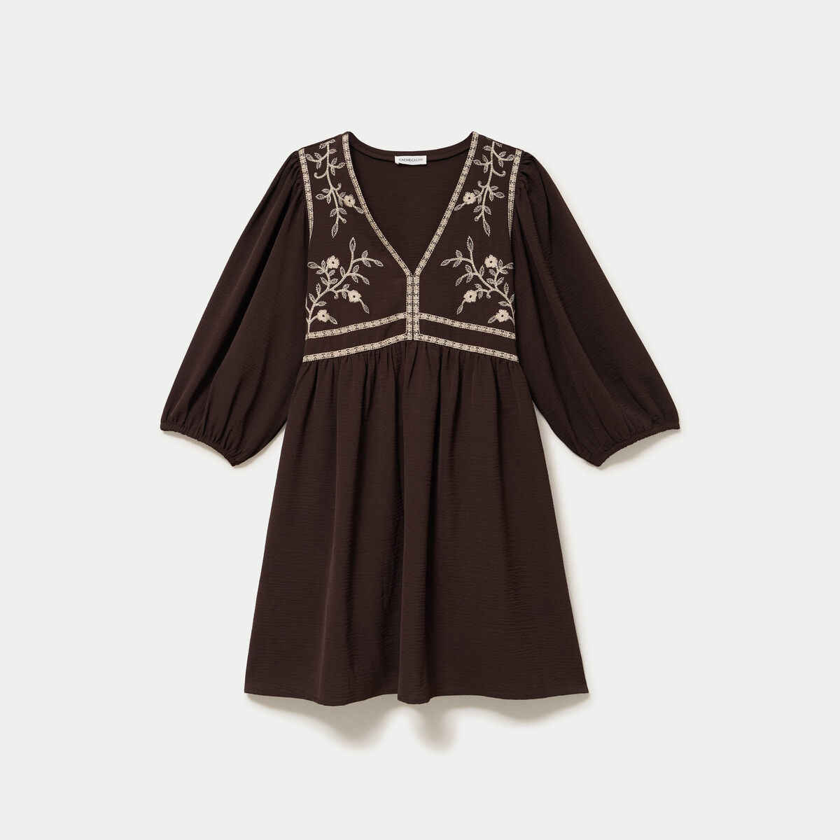 Robe droite courte col v manches 3/4 marron fonc&eacute; femme