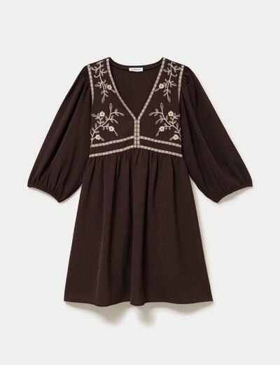 Robe droite courte col v manches 3/4 marron fonc&eacute; femme