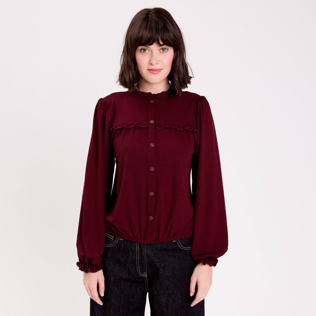 Blouse d&eacute;tails volants violet fonc&eacute; femme