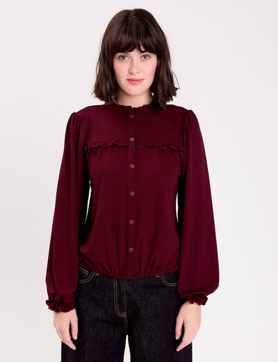 Blouse d&eacute;tails volants violet fonc&eacute; femme