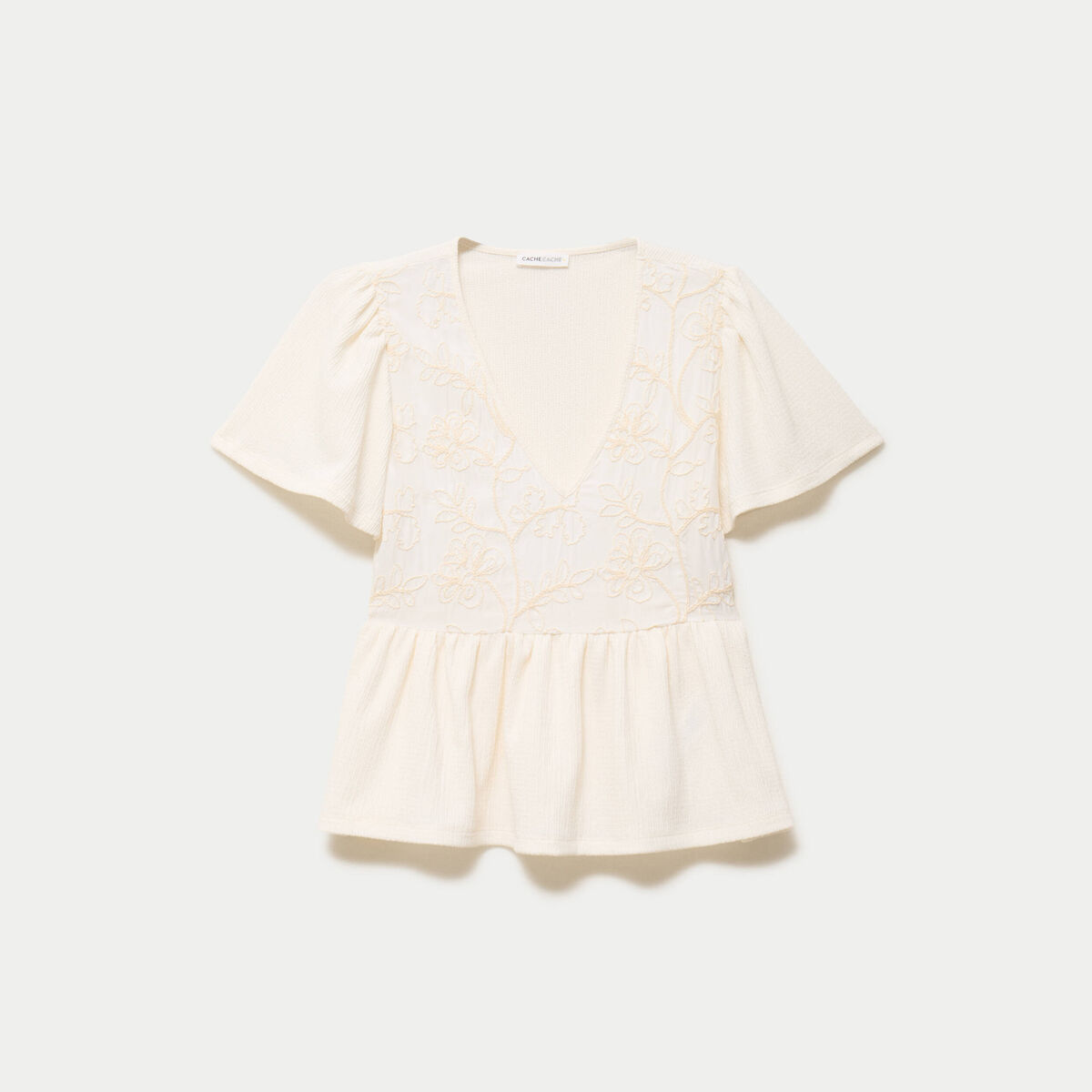 Blouse cintr&eacute;e col v manches courtes ecru femme