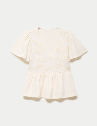 Blouse cintr&eacute;e col v manches courtes ecru femme