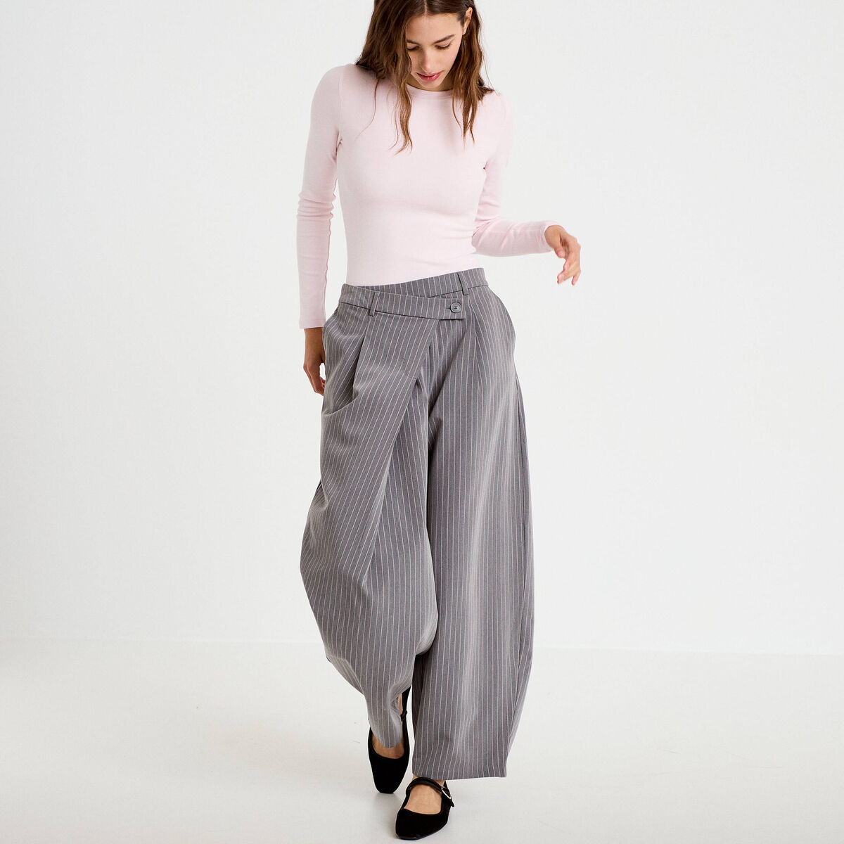Pantalon barrel taille basse gris femme