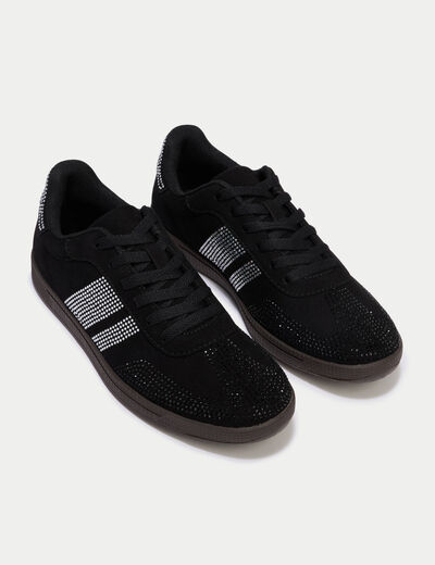 Baskets basses &agrave; lacets denim noir enduit femme