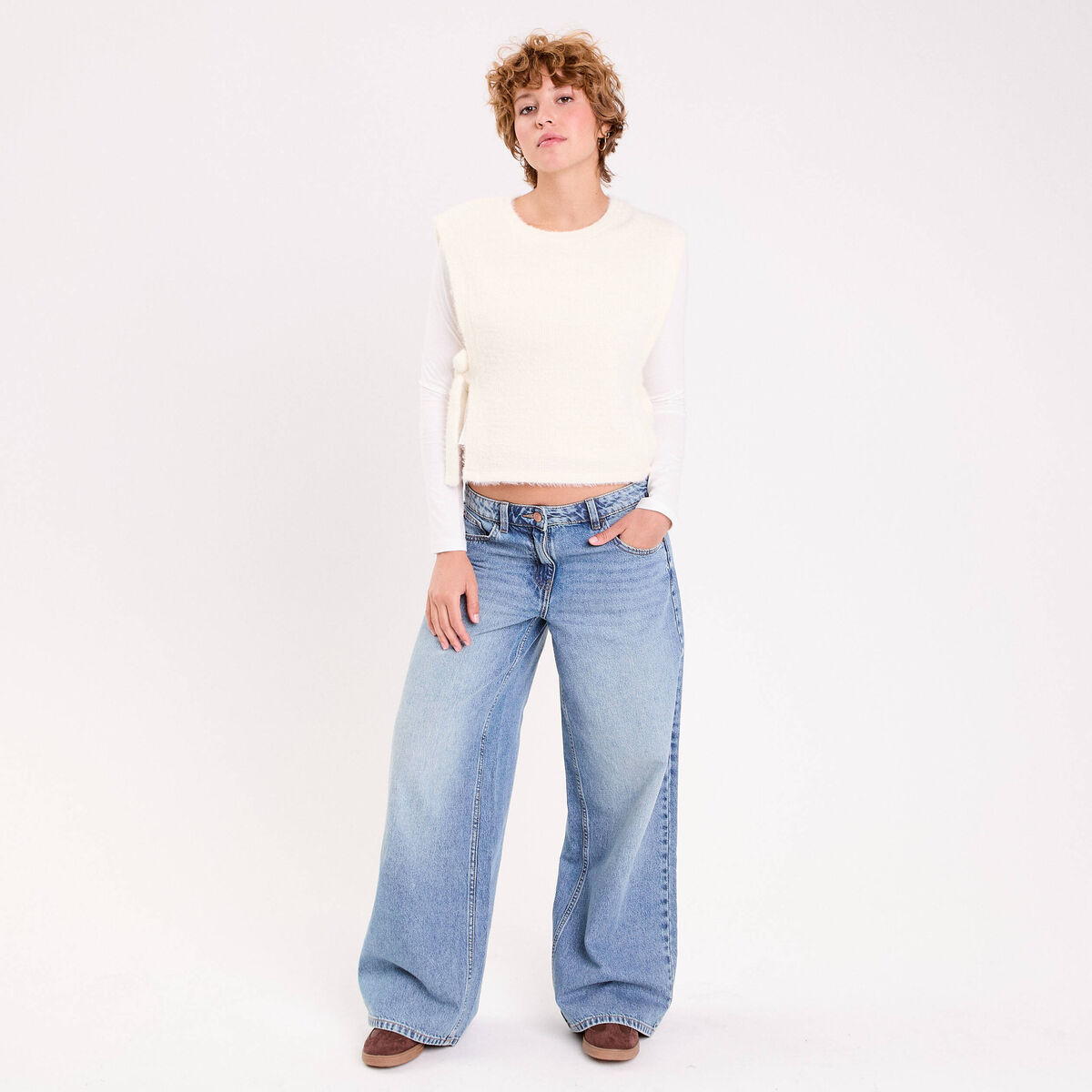 T-shirt pull sans manches 2-en-1 ecru femme