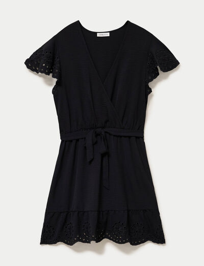 Robe courte &eacute;vas&eacute;e col v manches courtes noir femme