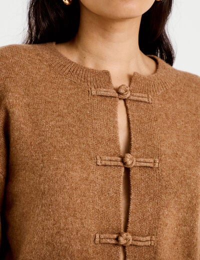 Gilet col rond manches longues avec lien camel femme