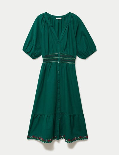 Robe &eacute;vas&eacute;e broderie col chemise vert fonc&eacute; femme