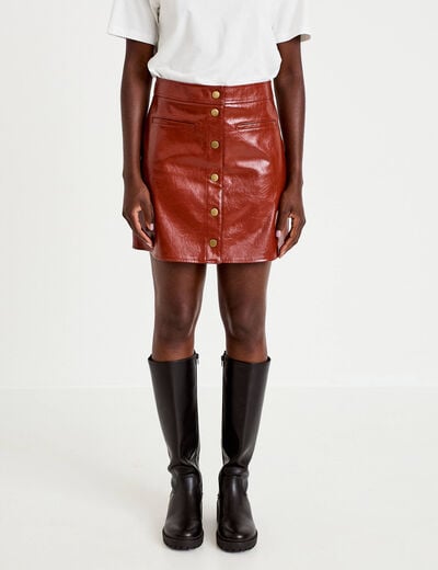 Jupe trap&egrave;ze courte en similicuir marron cognac femme