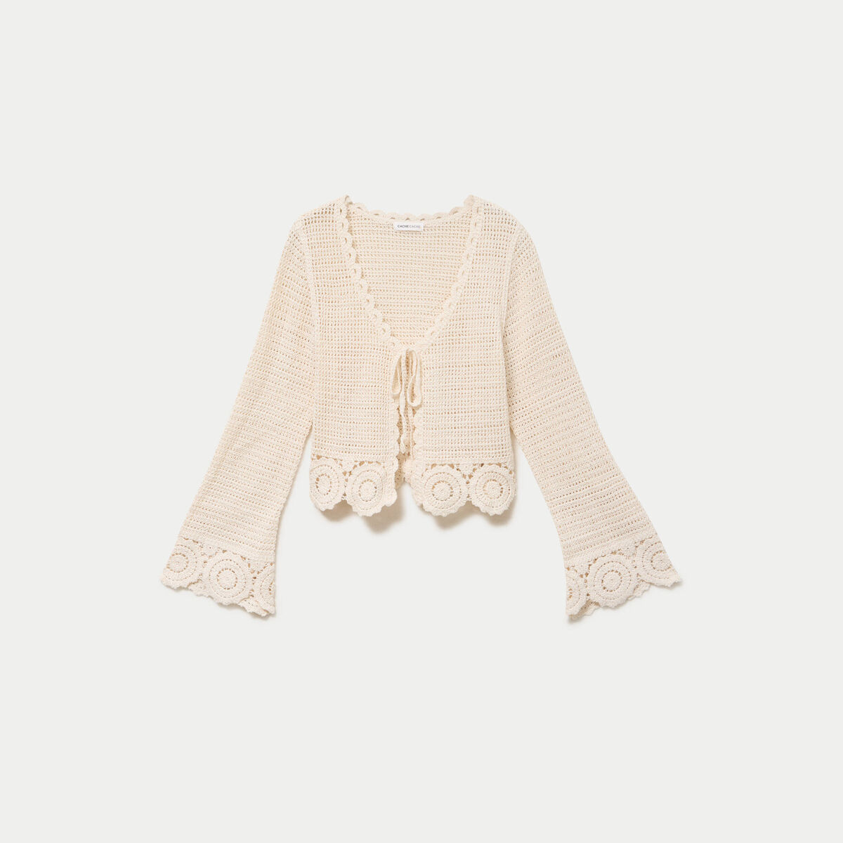 Gilet col v manches longues avec noeuds ecru femme