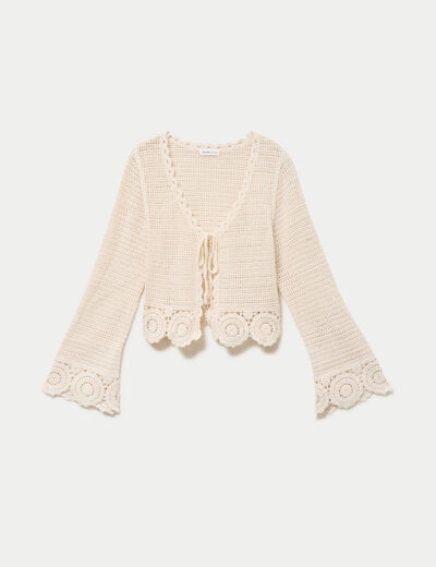 Gilet col v manches longues avec noeuds ecru femme