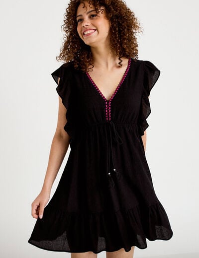 Robe &eacute;vas&eacute;e cr&ecirc;pe col v manches courtes noir femme