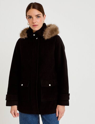 Manteau mi-long &agrave; capuche noir femme
