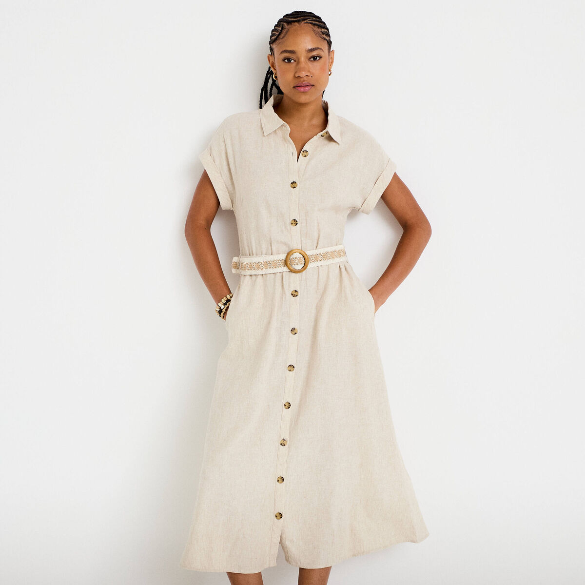 Robe &eacute;vas&eacute;e 3/4 col chemise ceinture beige femme