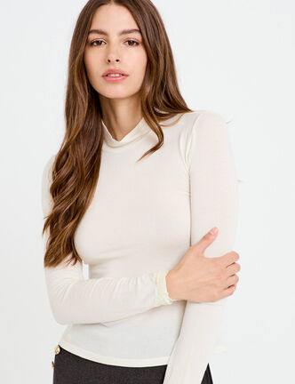 T-shirt ajust&eacute; col roul&eacute; dentelle ecru femme