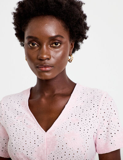 Blouse d&eacute;collet&eacute; manches courtes rose clair femme