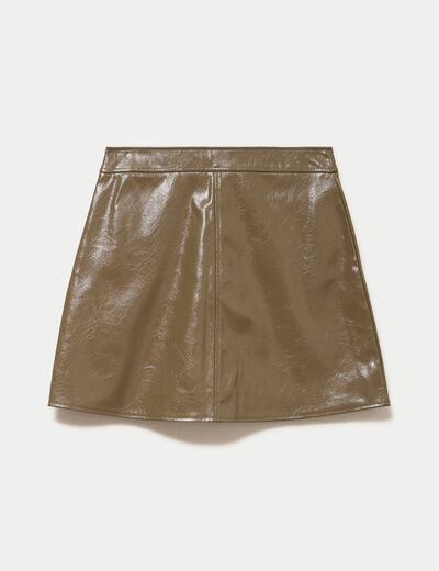 Jupe trap&egrave;ze courte en similicuir vert kaki femme