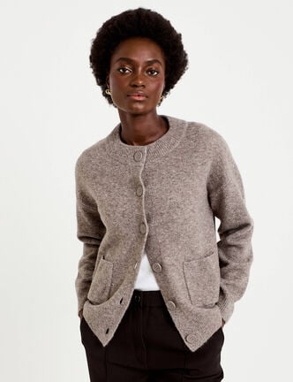 Gilet ample col rond manches longues taupe femme