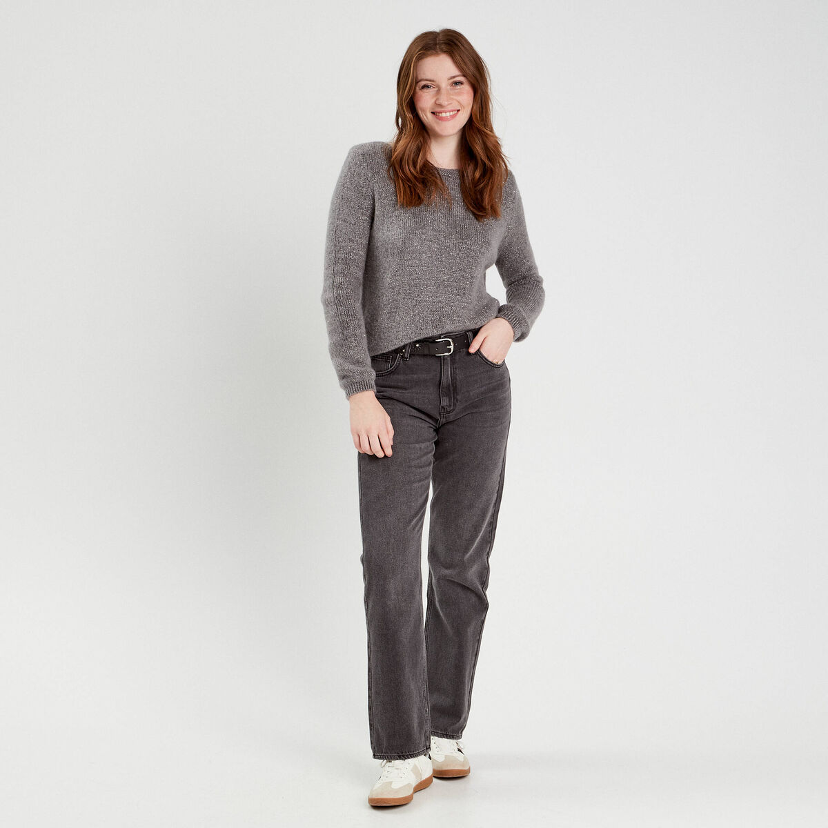 Pull fils m&eacute;tallis&eacute;s col bateau gris fonc&eacute; femme
