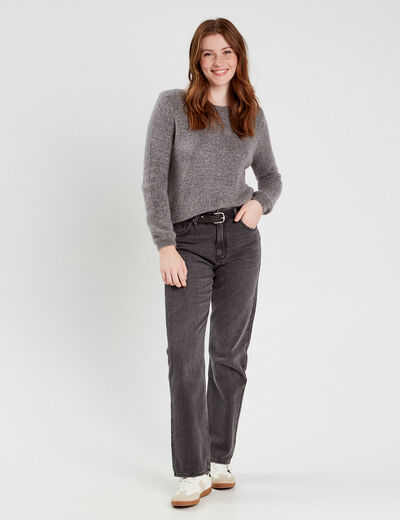 Pull fils m&eacute;tallis&eacute;s col bateau gris fonc&eacute; femme