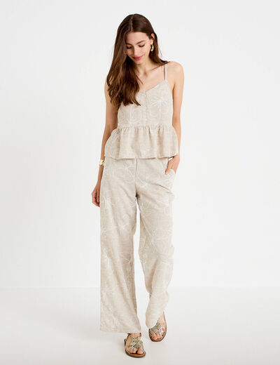 Top col v bretelles fines chin&eacute; beige femme