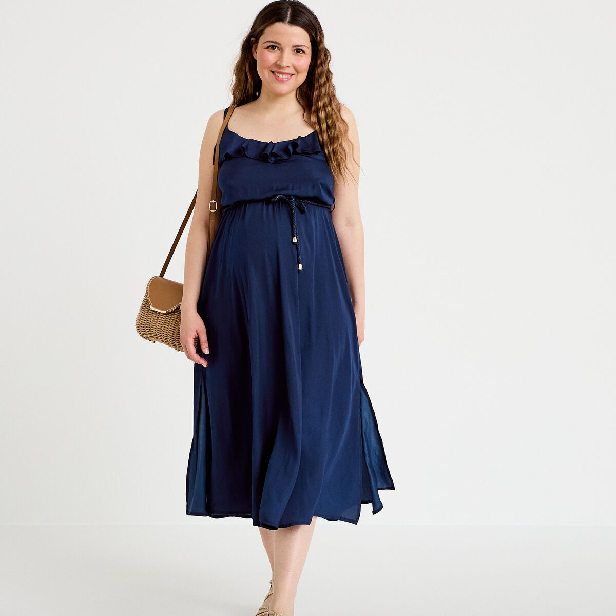 Robe longue &eacute;vas&eacute;e col v bretelles bleu marine femme