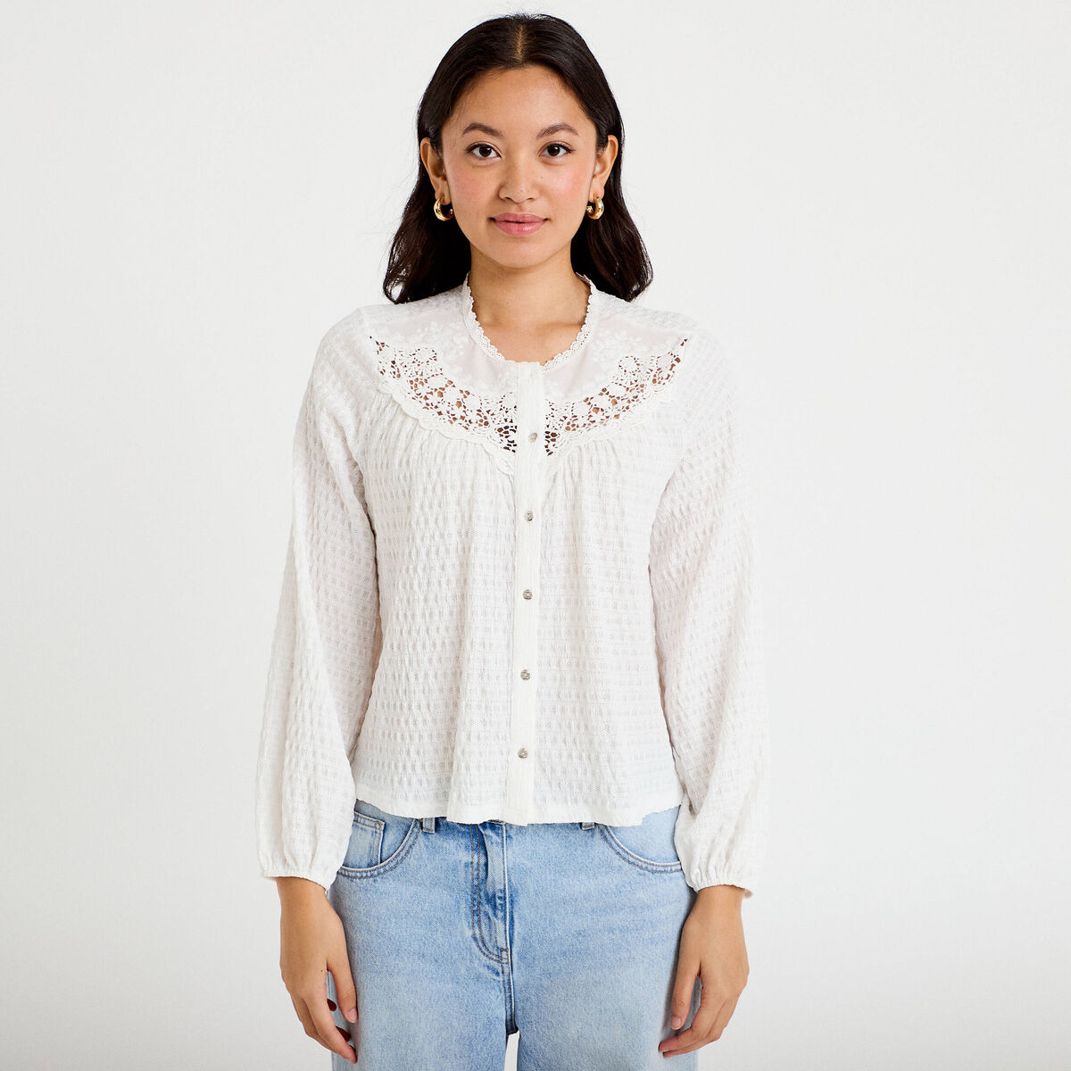 Blouse col rond manches longues ecru femme
