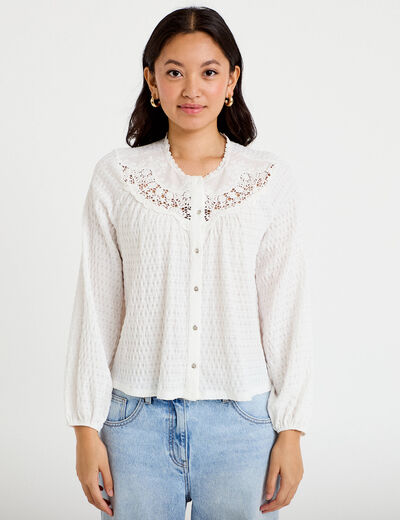 Blouse col rond manches longues ecru femme
