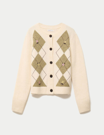 Gilet broderie col rond manches longues ecru femme