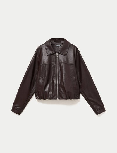 Veste effet boule manches longues marron fonc&eacute; femme
