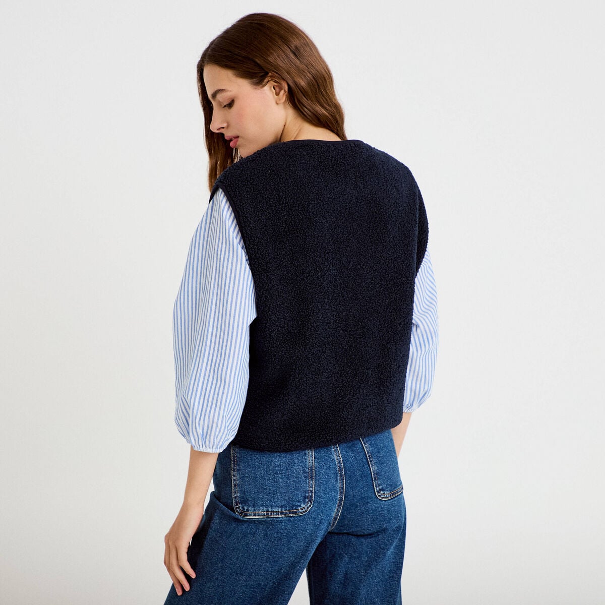 Veste sans manches fausse fourrure bleu marine femme
