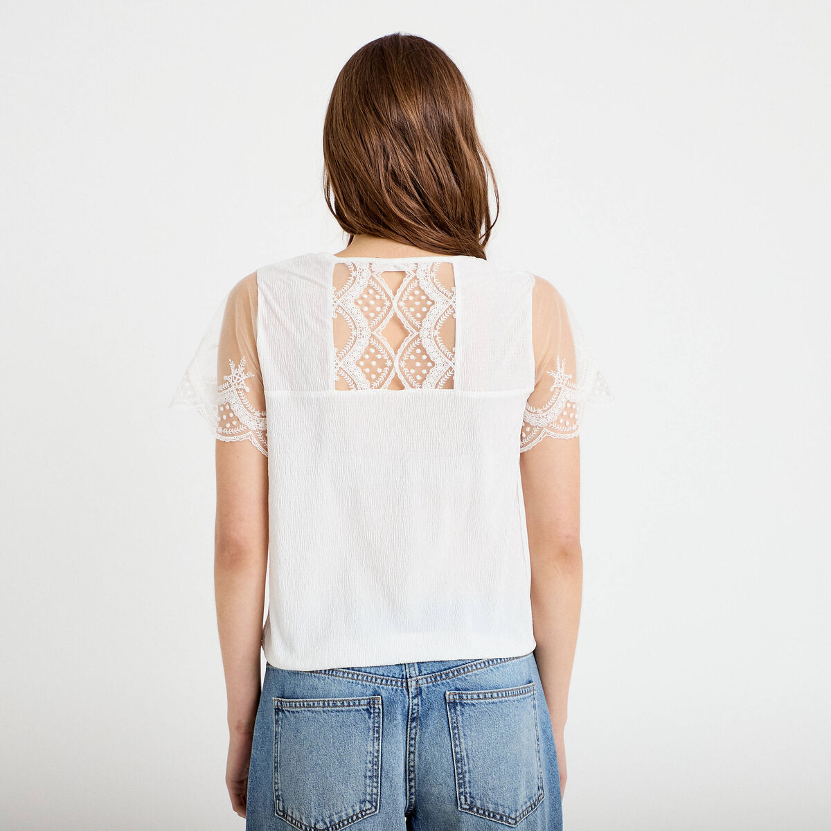 Blouse col v manches courtes dentelle ecru femme