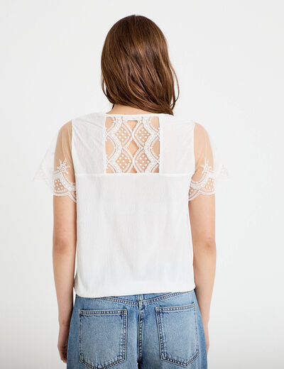 Blouse col v manches courtes dentelle ecru femme