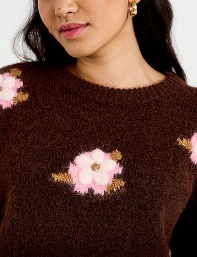 Pull ample col rond manches longues marron fonc&eacute; femme