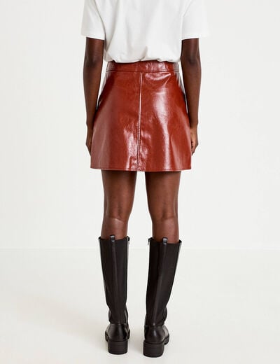 Jupe trap&egrave;ze courte en similicuir marron cognac femme