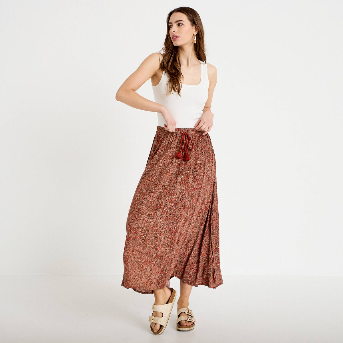 Jupe longue fluide rouge fonc&eacute; femme