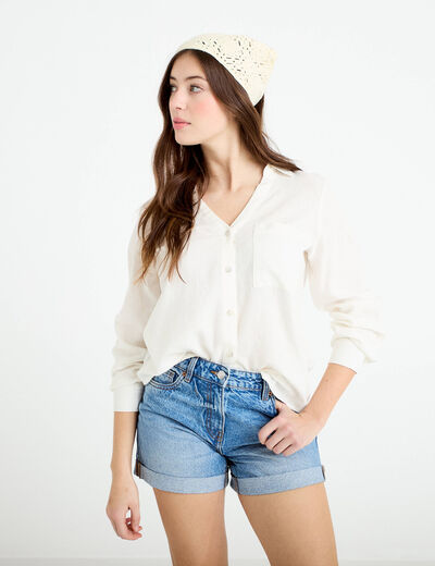 Chemise lin col V manches longues ecru femme