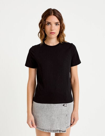 T-shirt &agrave; strass manches courtes noir femme