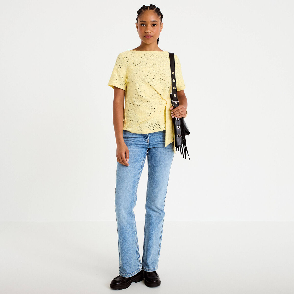 Blouse col v manches courtes jaune clair femme
