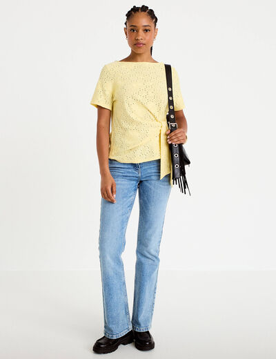 Blouse col v manches courtes jaune clair femme