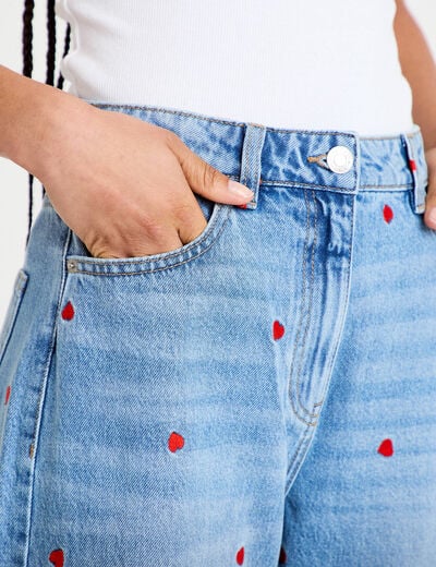 Jean wide leg taille haute brod&eacute; denim double stone femme