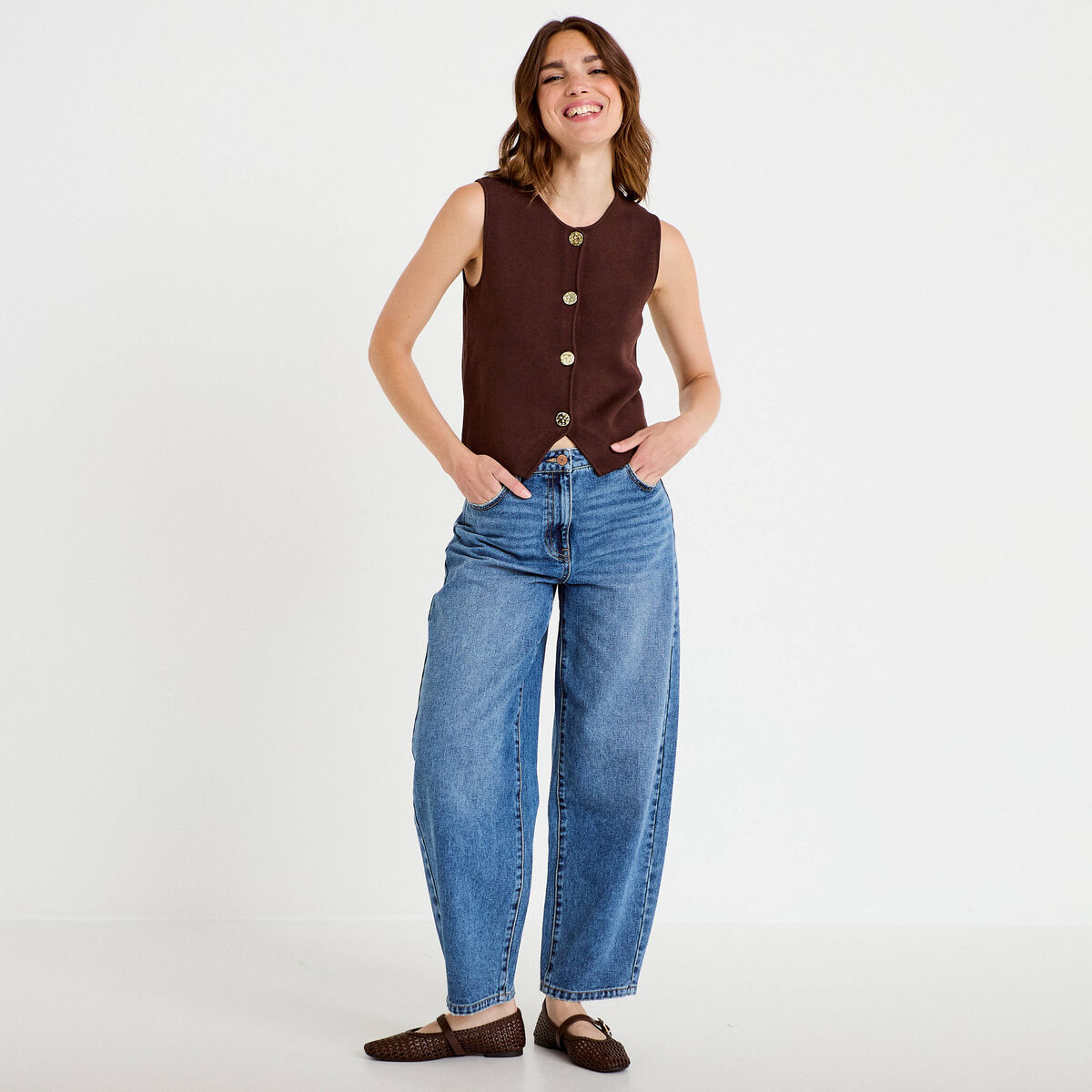 Gilet sans manches cropped marron fonc&eacute; femme