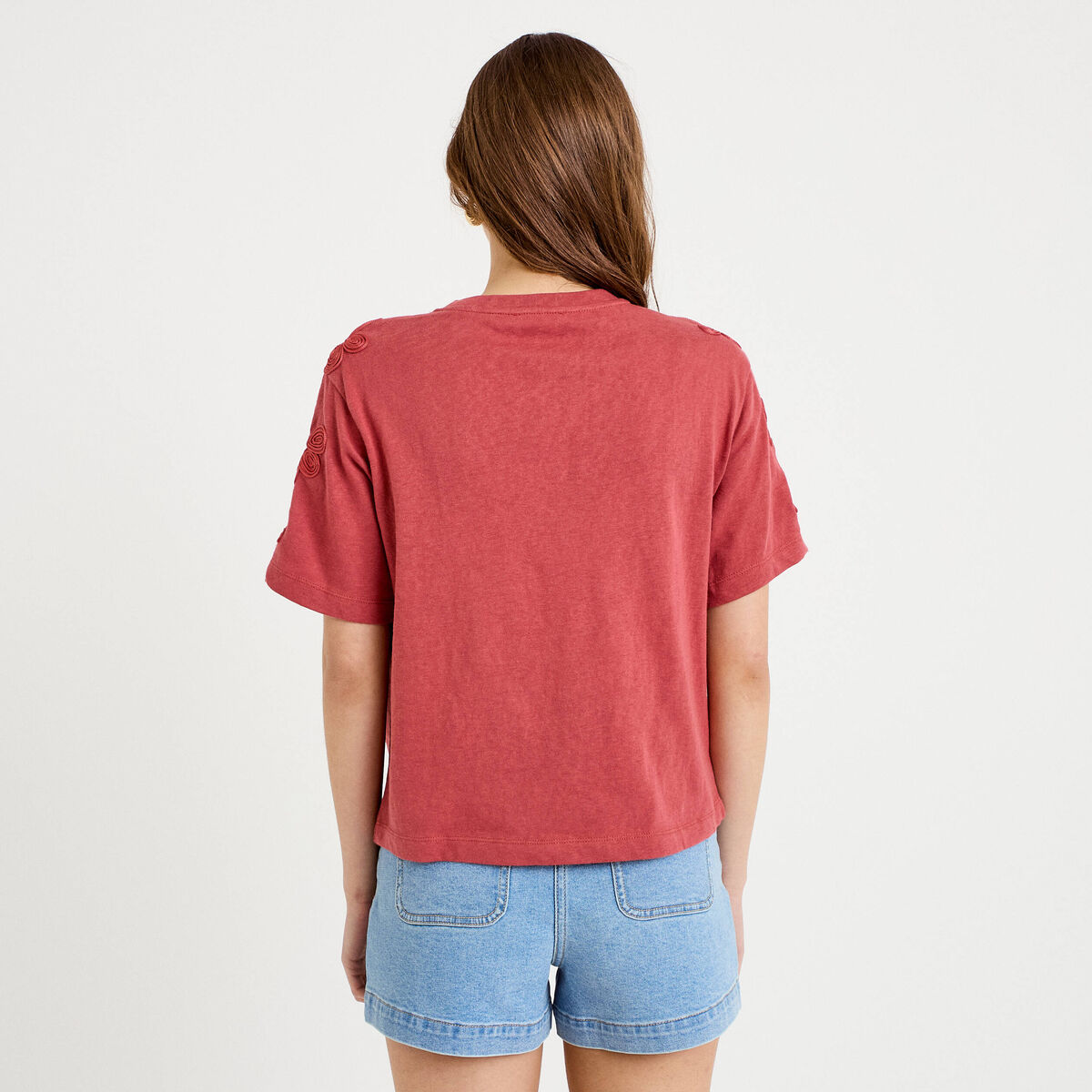 T-shirt col rond manches courtes brod&eacute; vieux rose femme