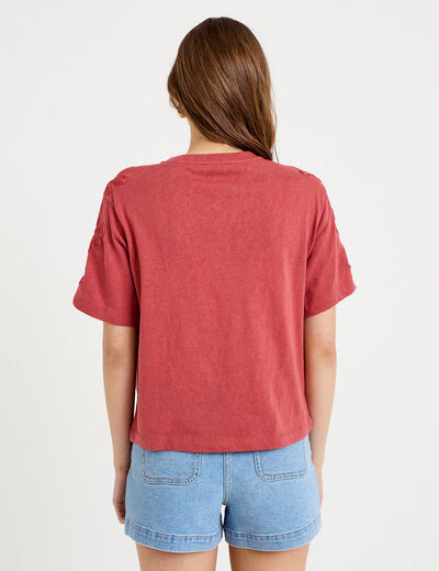 T-shirt col rond manches courtes brod&eacute; vieux rose femme