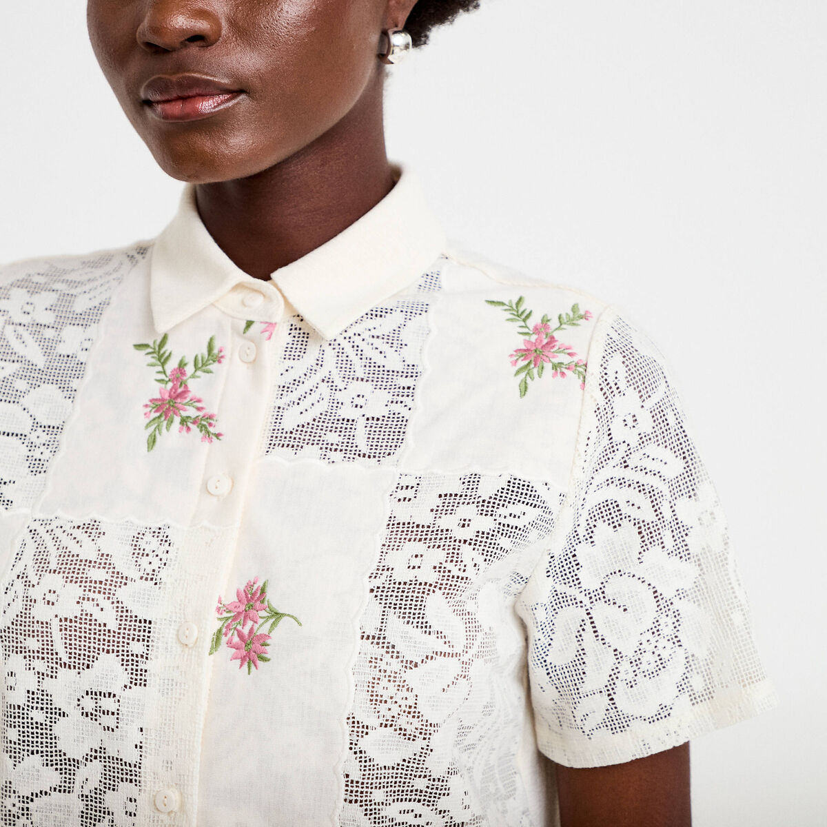 Chemise col chemise manches courtes ecru femme