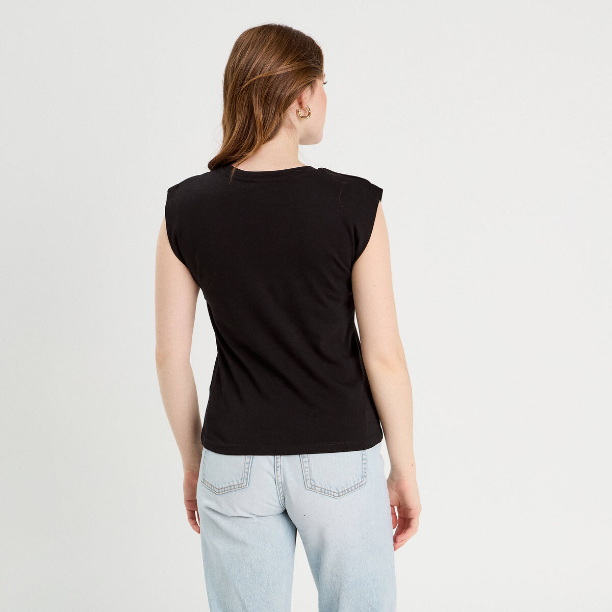 T-shirt col rond sans manches noir femme