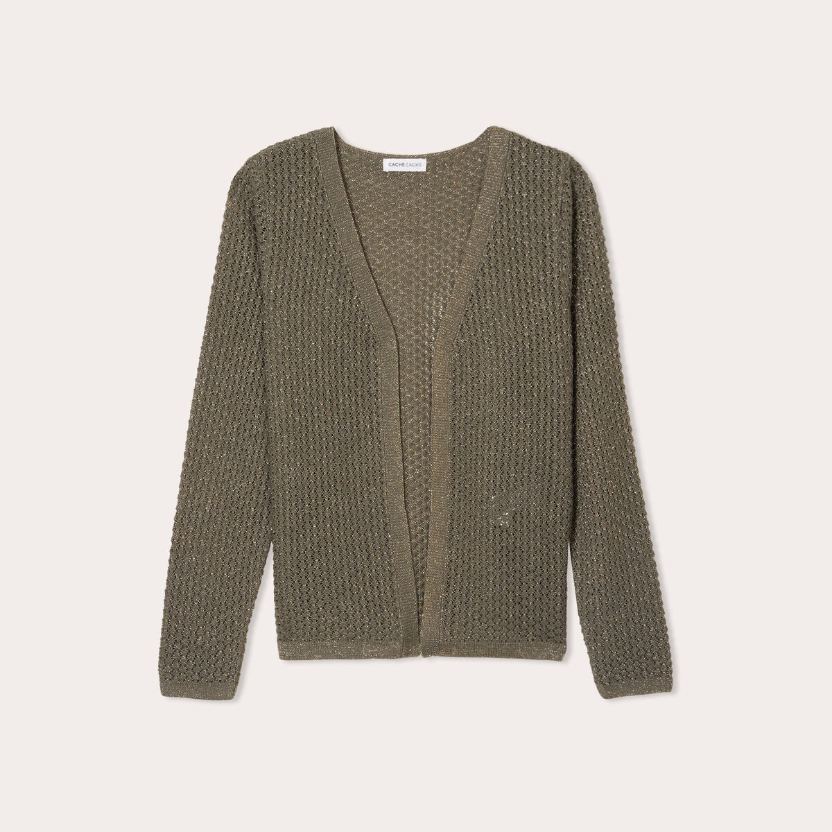 Gilet manches longues ajour&eacute; vert kaki femme