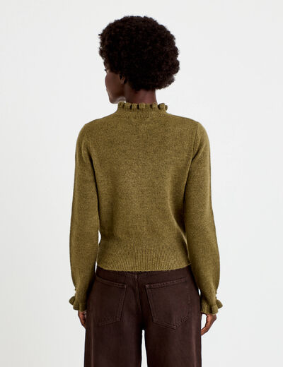 Pull ajust&eacute; col montant manches longues vert kaki femme